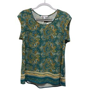 DR2 Woman’s Teal & Orange Paisley Cap Sleeve Scoop Neck Top - Size M